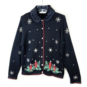 Victoria Jones Womens Christmas Black Knit Cardigan Beaded Faux Fur Collar Sz L